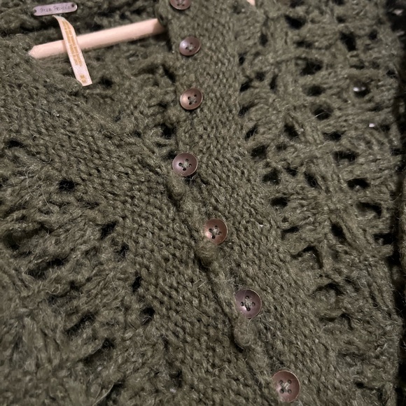 Free People Boho Cottagecore Crochet Olive Hooded Sweater | Dolman Earthy Knit - Picture 3 of 15